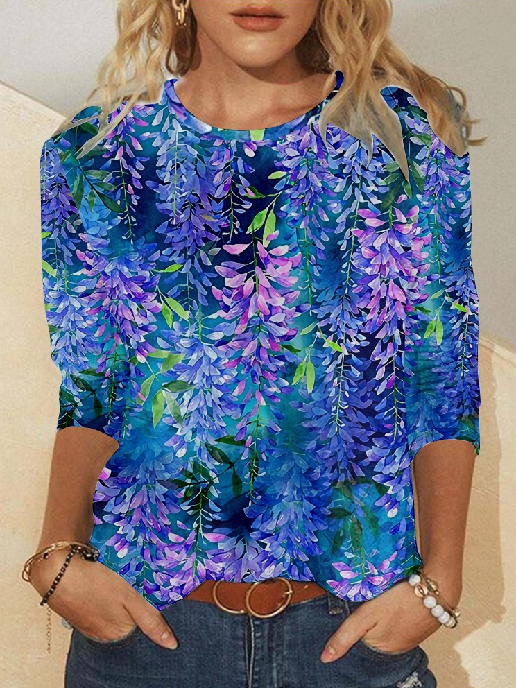 Chemisiers1 Femmes Printemps / Automne Simple Bleu Floral Polyester Micro-élasticité Coupe Régulière Col Rond Régulier Droit