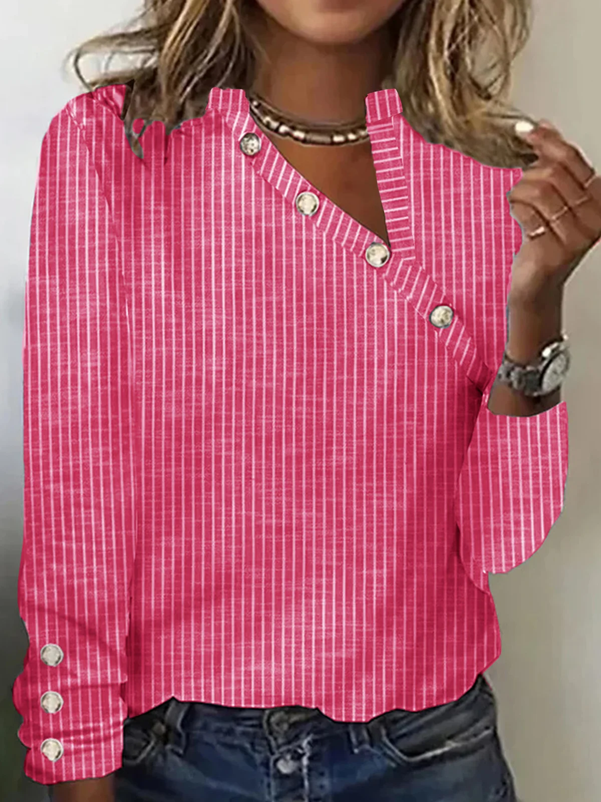 T-shirts Femmes Rayé Décontracté Printemps / Automne Polyester Micro-élasticité Asymétrique Manches Longues Régulier Régulier