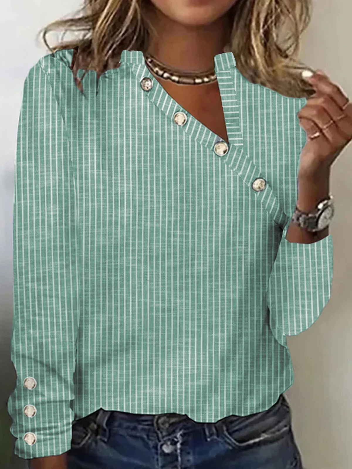 T-shirts Femmes Rayé Décontracté Printemps / Automne Polyester Micro-élasticité Asymétrique Manches Longues Régulier Régulier