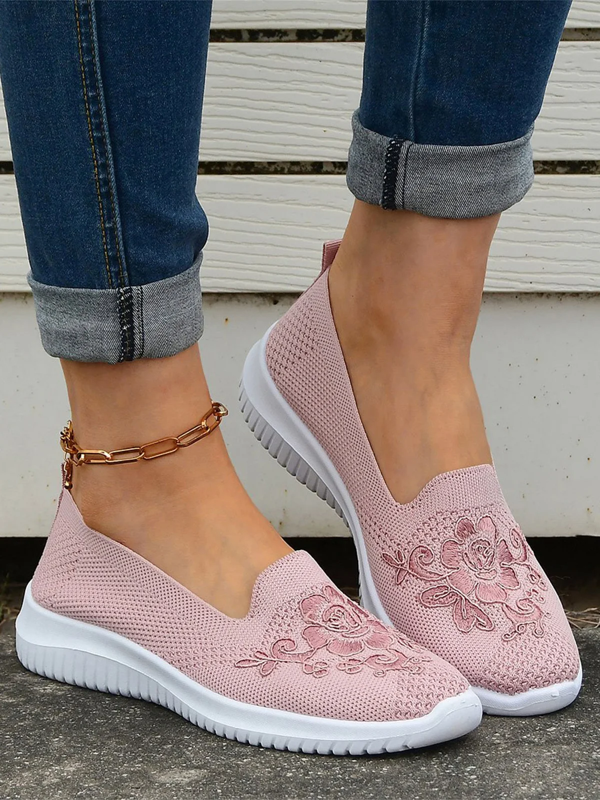 Tricoté à La Mouche Baskets Femme Floral Sportif Toutes Les Saisons Brodé Haute-Élastique à Talon Plat Bout Rond Tissu EVA