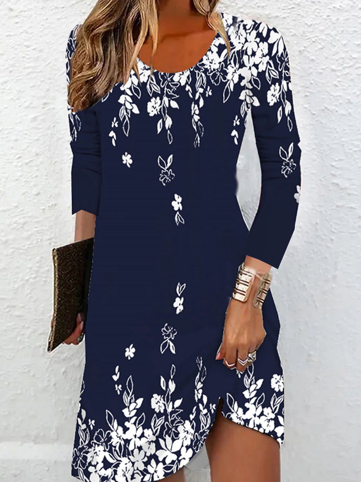 Femmes Floral Bleu Foncé Col Rond Confortable Robe Mi-Longue Décontracté