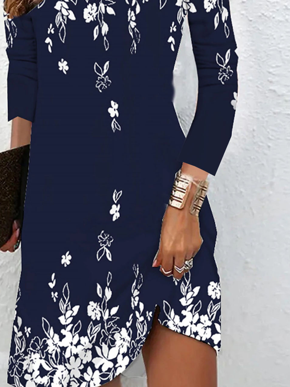 Femmes Floral Bleu Foncé Col Rond Confortable Robe Mi-Longue Décontracté