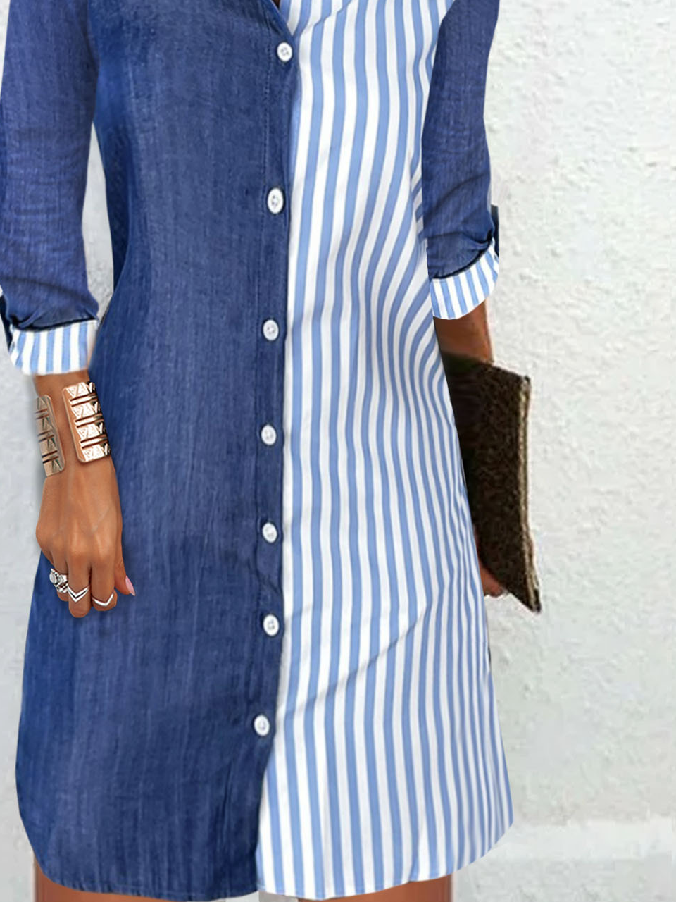 Femmes Rayé Bleu Col de Chemise Confortable Boucle Robe Mi-Longue Décontracté