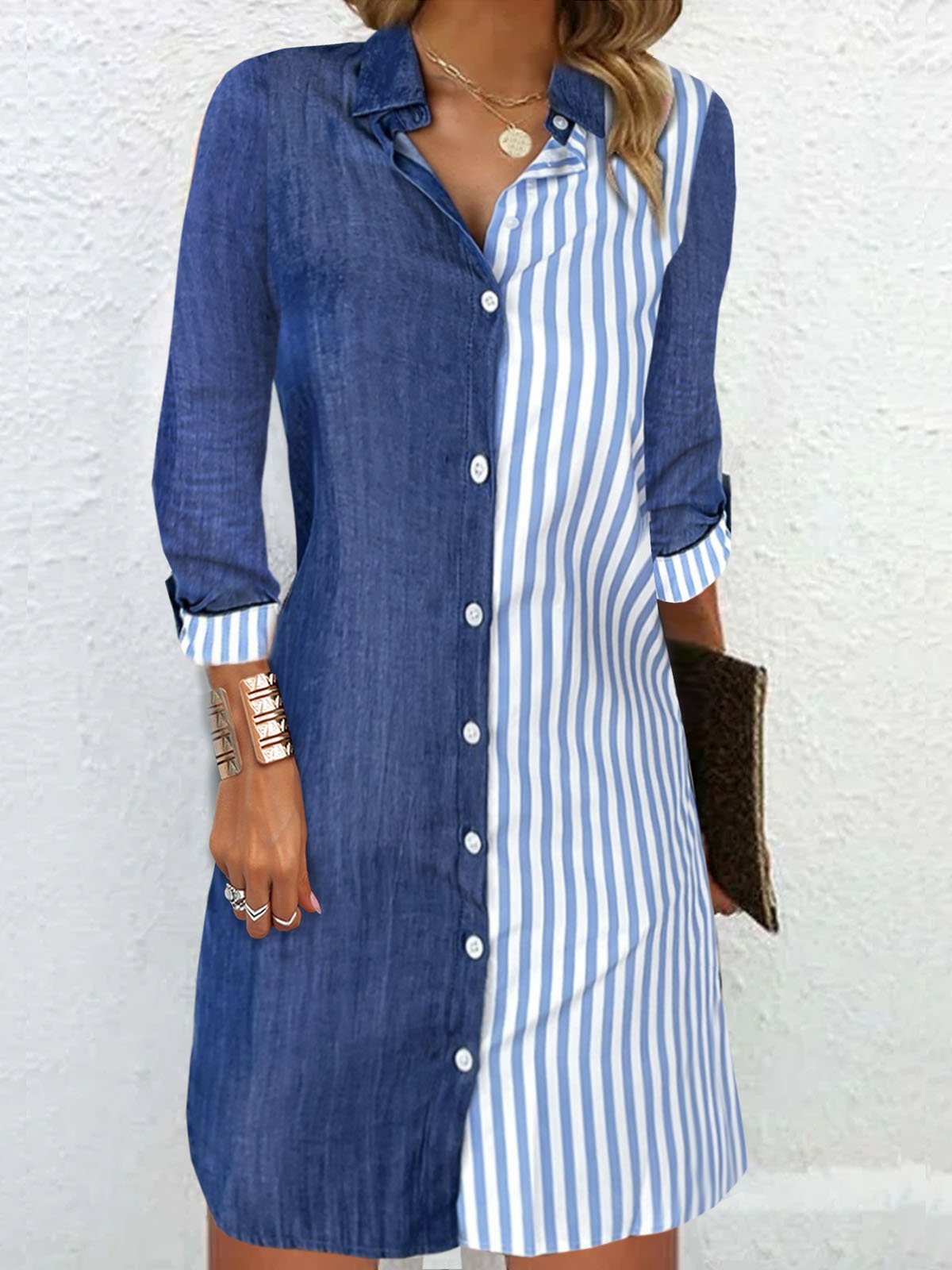 Femmes Rayé Bleu Col de Chemise Confortable Boucle Robe Mi-Longue Décontracté