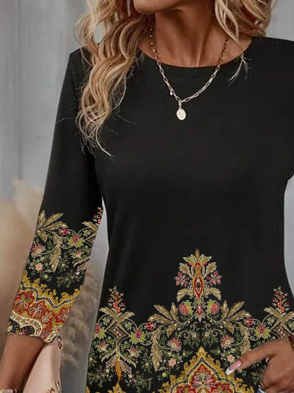 T-shirts Décontracté Ethnique Printemps / Automne Aucune élasticité Faire la navette Ample Manches Longues Col Rond Régulier pour Femmes