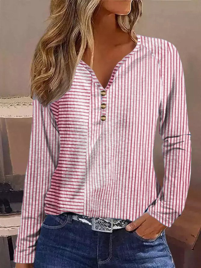 T-shirts Rayé Décontracté Printemps / Automne Col V Aucune élasticité Quotidien Ample Régulier T.-N.-L. pour Femmes
