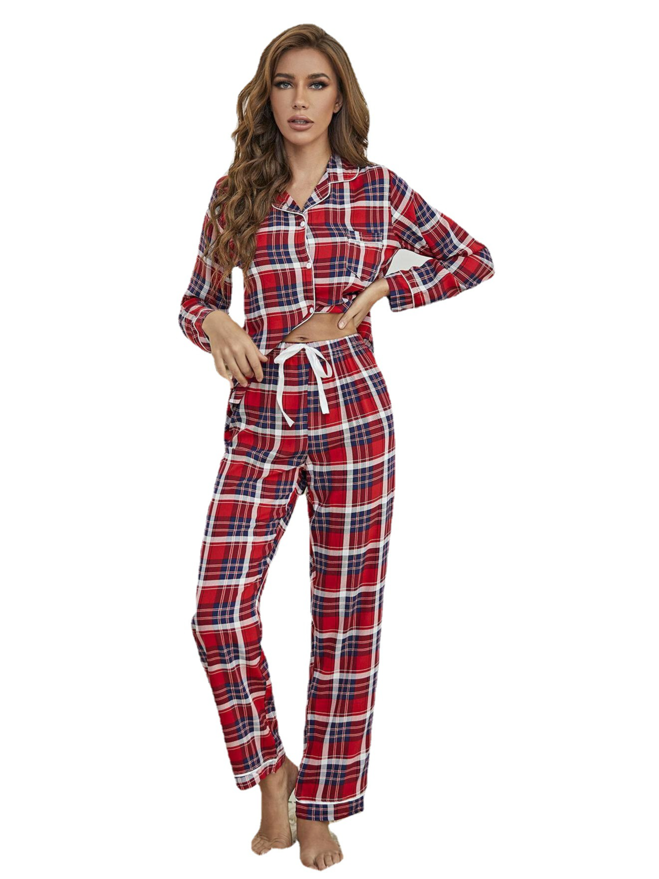 Ensembles de Pyjama Femmes Décontracté Toutes Les Saisons Plaid Naturel Séchage Rapide Manches Longues Top Avec Pantalons Droit Régulier