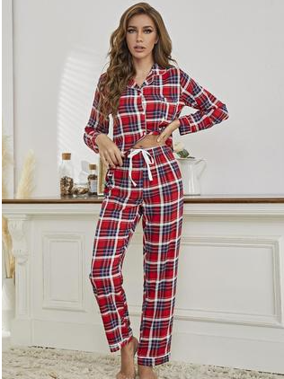 Ensembles de Pyjama Femmes Décontracté Toutes Les Saisons Plaid Naturel Séchage Rapide Manches Longues Top Avec Pantalons Droit Régulier