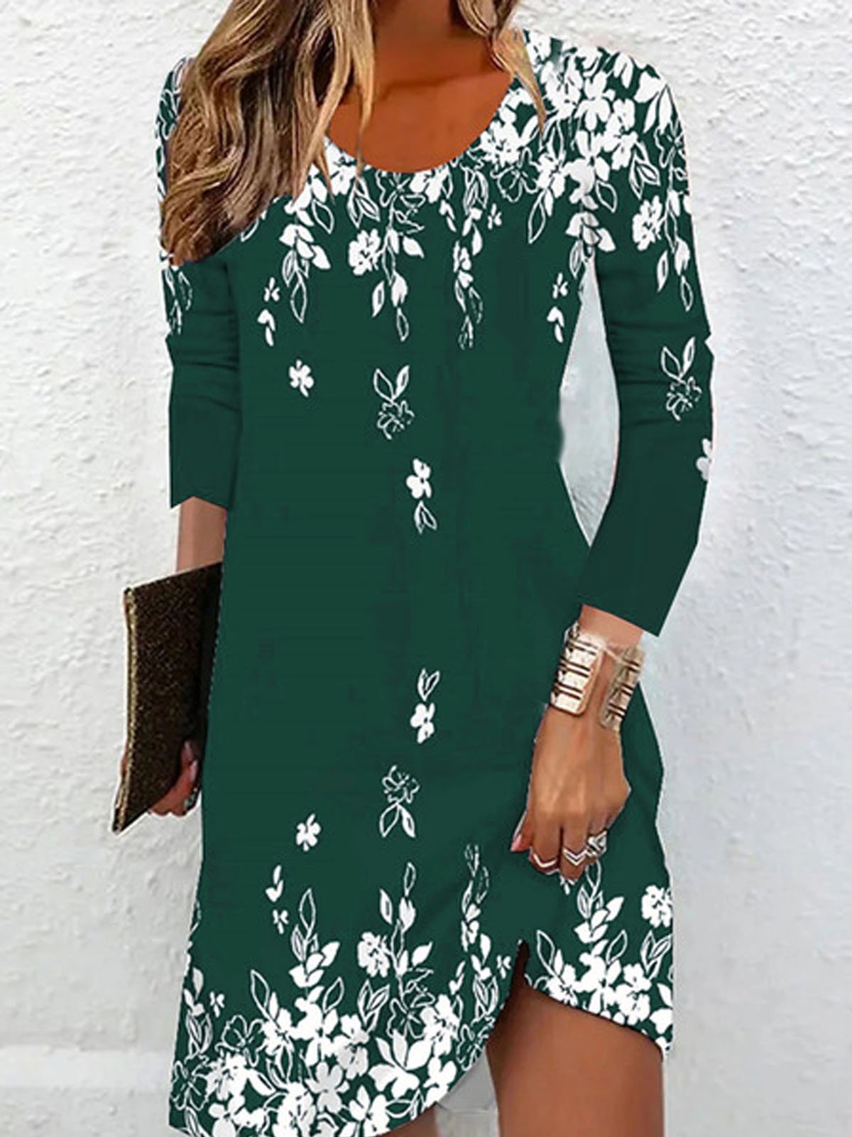 Femmes Floral Bleu Foncé Col Rond Confortable Robe Mi-Longue Décontracté
