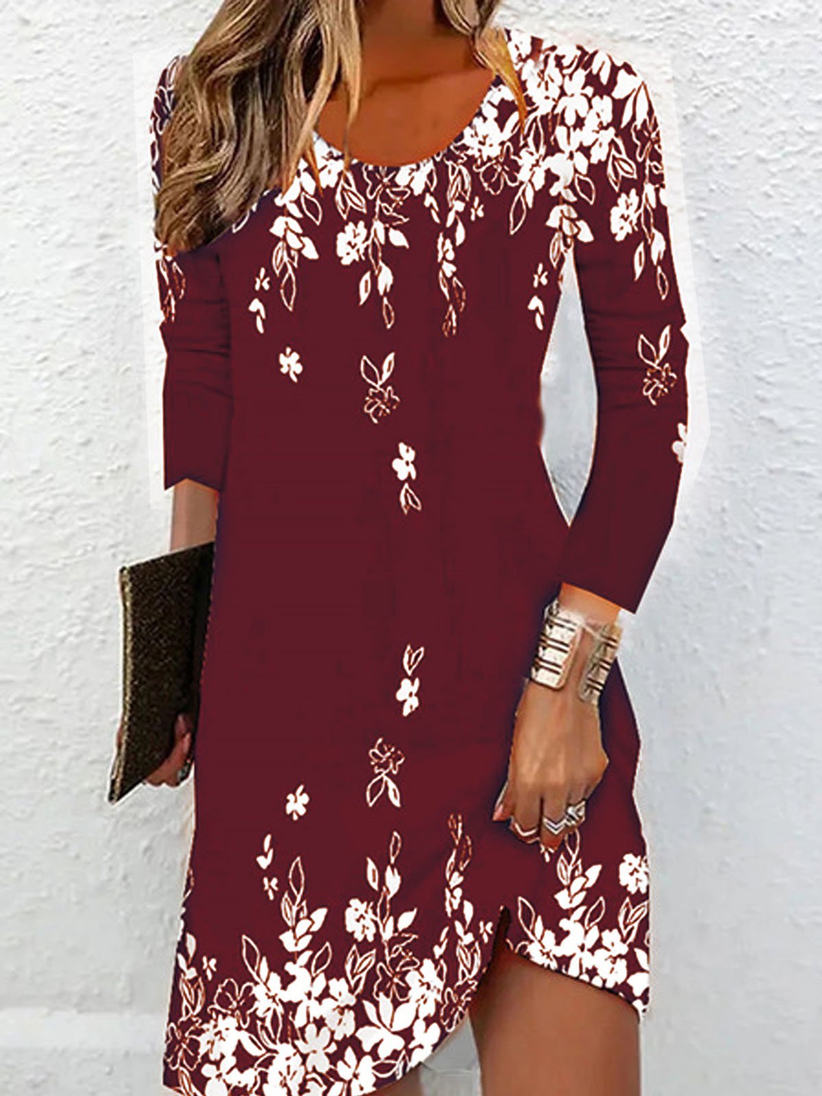 Femmes Floral Bleu Foncé Col Rond Confortable Robe Mi-Longue Décontracté