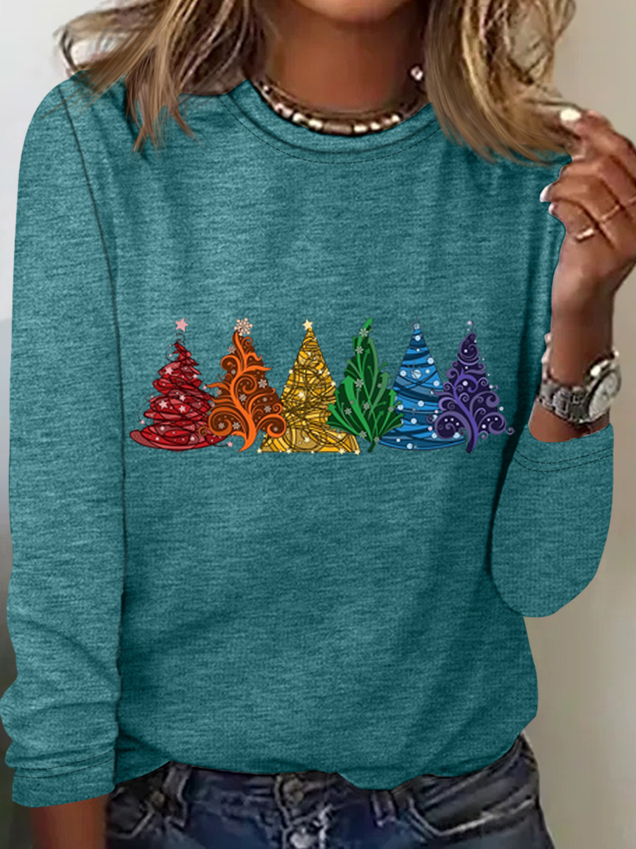 Chemises Femmes Décontracté Printemps / Automne Sapin de Noël Quotidien Coupe Régulière Manches Longues Col Rond en Mélangé de Coton Régulier