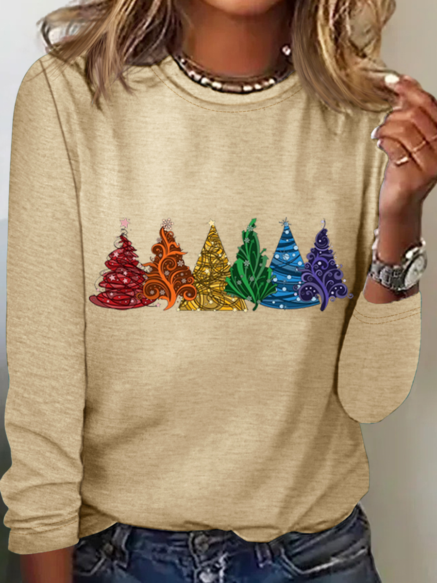 Chemises Femmes Décontracté Printemps / Automne Sapin de Noël Quotidien Coupe Régulière Manches Longues Col Rond en Mélangé de Coton Régulier