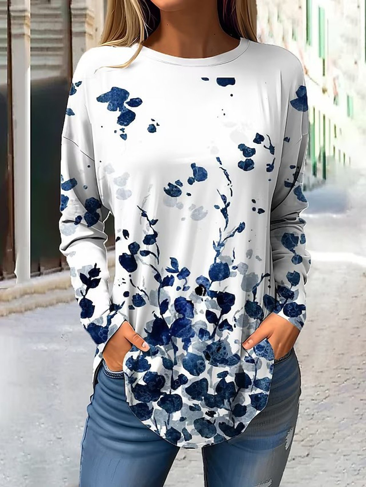 T-shirts Femmes Décontracté Abstrait Printemps / Automne Faire la navette Ample Manches Longues Régulier Droit Régulier