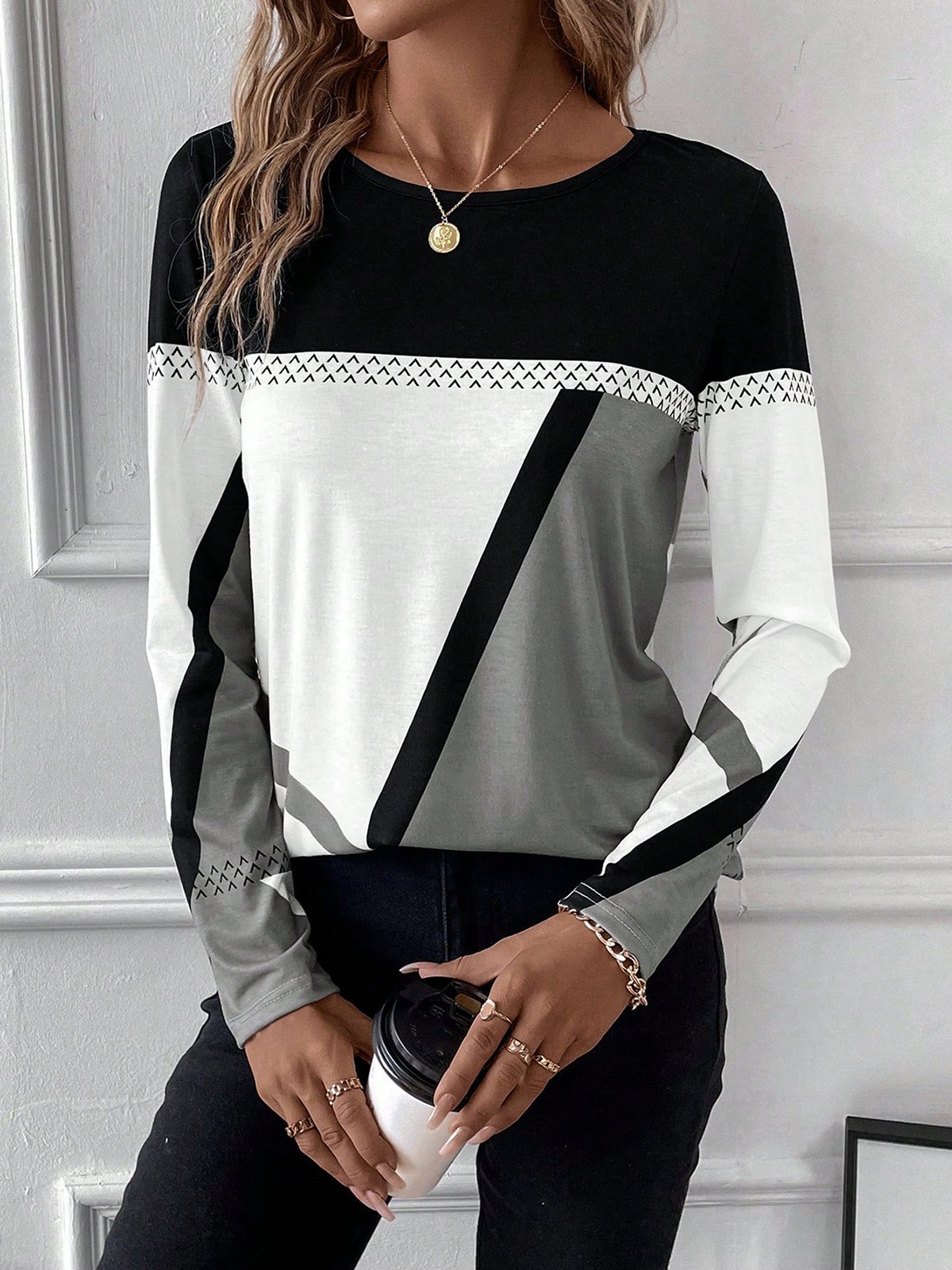 T-shirts Femmes Décontracté Bloc de Couleur Printemps / Automne Ample Jersey Manches Longues Col Rond Droit Régulier
