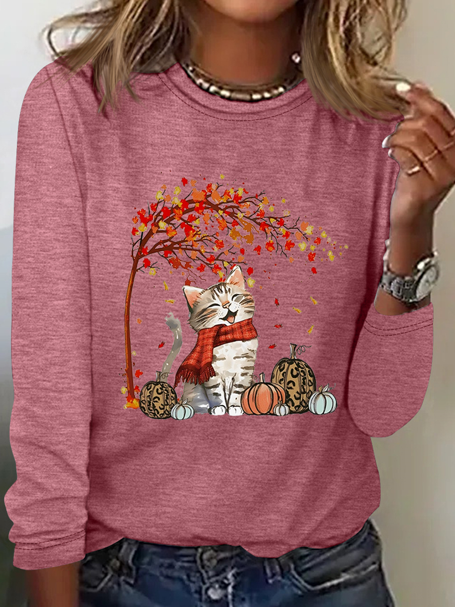 Chemisiers1 Femmes Décontracté Printemps / Automne Chat Micro-élasticité Coupe Régulière Col Rond en Mélangé de Coton Droit Régulier