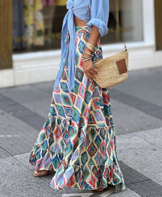Jupes Ethnique Ethnique Printemps / Automne Polyester Micro-élasticité Vacances Ample Droit Régulier pour Femmes