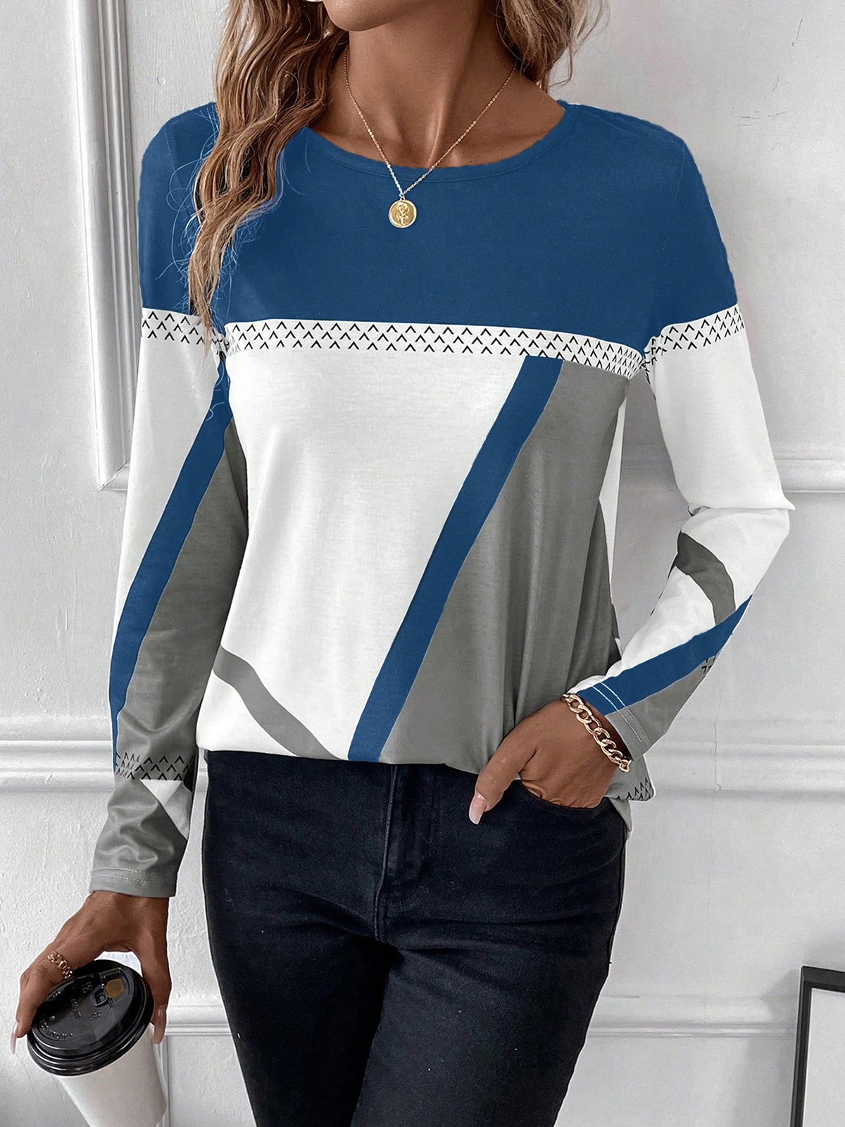 T-shirts Femmes Décontracté Bloc de Couleur Printemps / Automne Ample Jersey Manches Longues Col Rond Droit Régulier