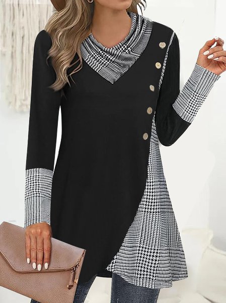 Chemisiers1 Femmes Décontracté Printemps / Automne Plaid Polyester Micro-élasticité Ample Manches Longues Mi-long Droit