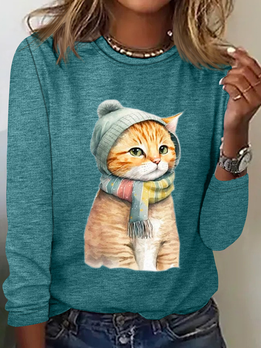 Chemises Femmes Décontracté Printemps / Automne Chat Micro-élasticité Quotidien Coupe Régulière Col Rond en Mélangé de Coton Droit