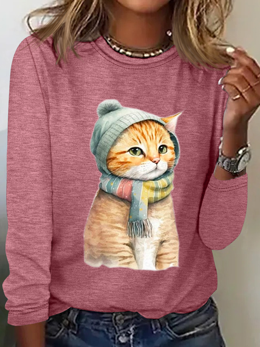 Chemises Femmes Décontracté Printemps / Automne Chat Micro-élasticité Quotidien Coupe Régulière Col Rond en Mélangé de Coton Droit