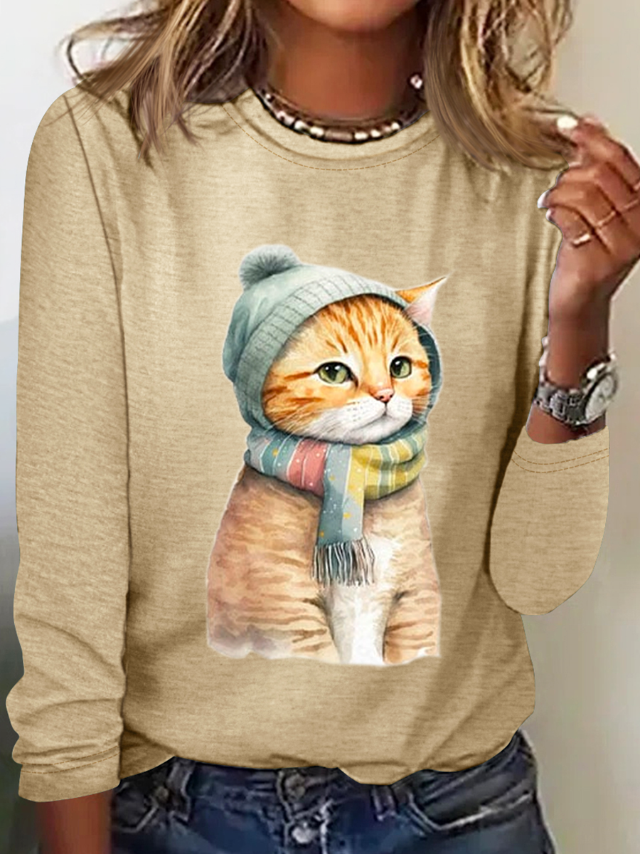 Chemises Femmes Décontracté Printemps / Automne Chat Micro-élasticité Quotidien Coupe Régulière Col Rond en Mélangé de Coton Droit