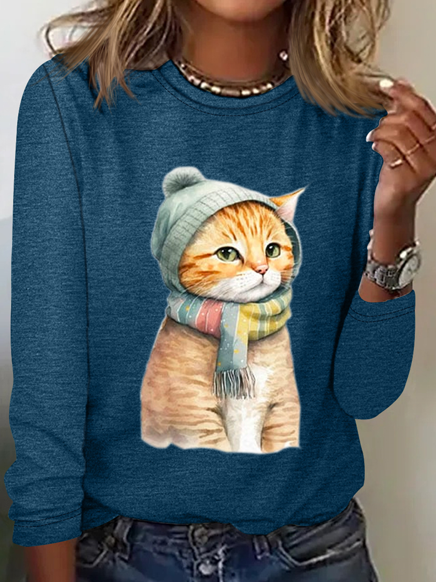 Chemises Femmes Décontracté Printemps / Automne Chat Micro-élasticité Quotidien Coupe Régulière Col Rond en Mélangé de Coton Droit