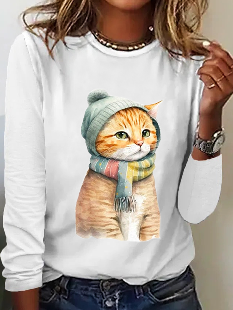 Chemises Femmes Décontracté Printemps / Automne Chat Micro-élasticité Quotidien Coupe Régulière Col Rond en Mélangé de Coton Droit