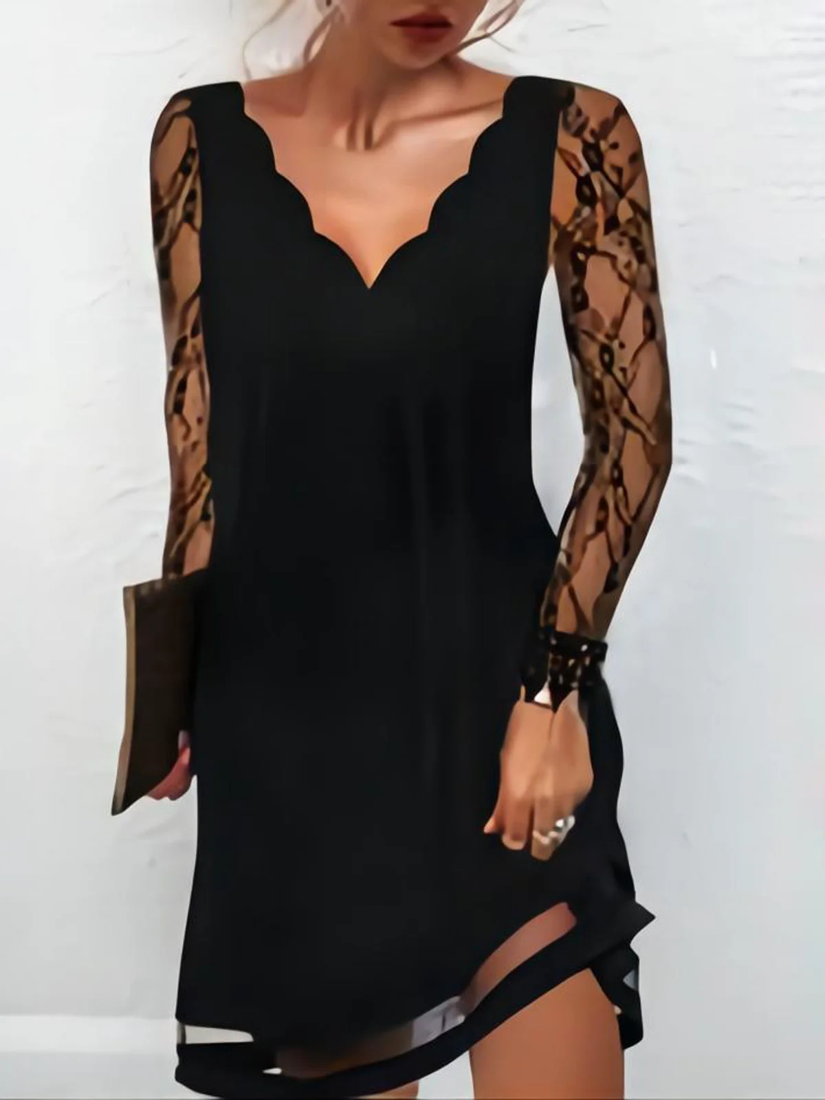 Femmes Plain Noir Col V Confortable Maille Court Robe Décontracté