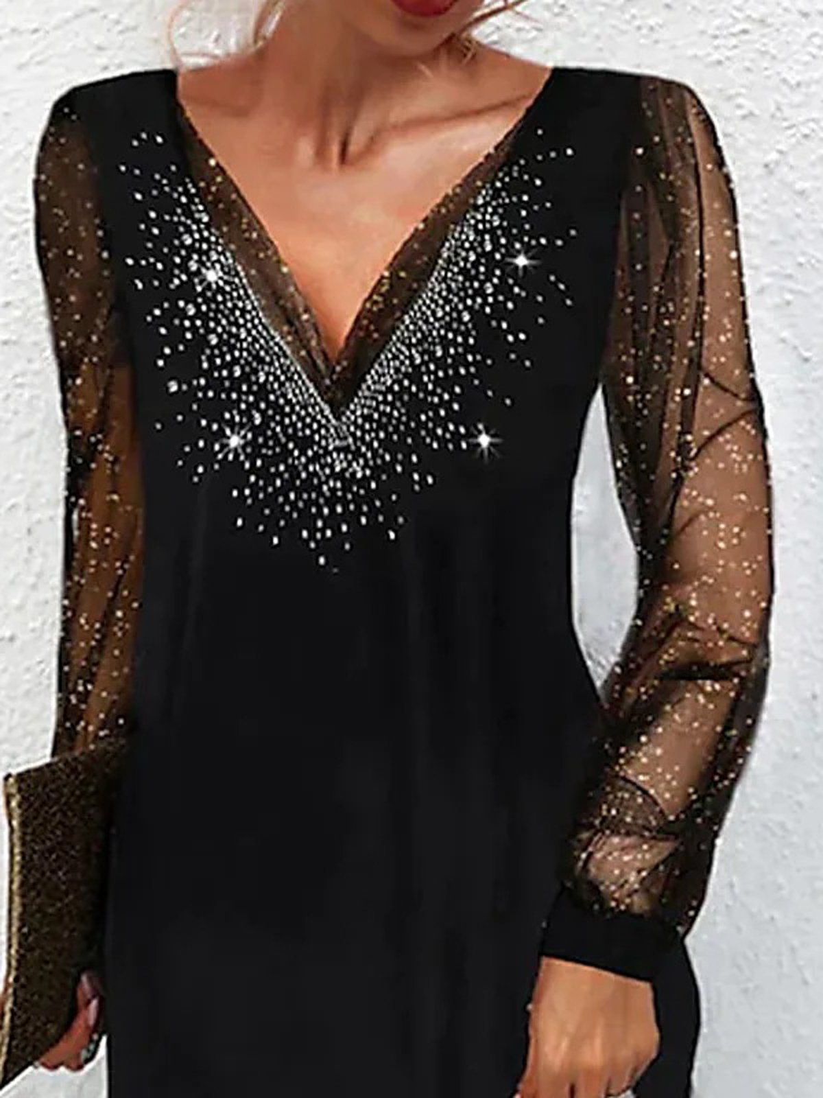 Femmes Plain Noir Col V Confortable Maille Court Robe Décontracté