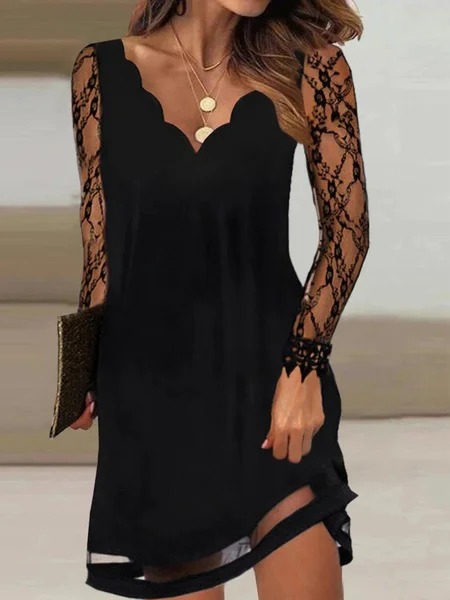 Femmes Plain Noir Col V Confortable Maille Court Robe Décontracté