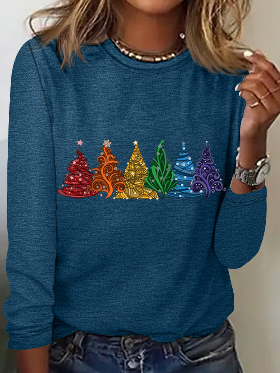 Chemises Femmes Décontracté Printemps / Automne Sapin de Noël Quotidien Coupe Régulière Manches Longues Col Rond en Mélangé de Coton Régulier