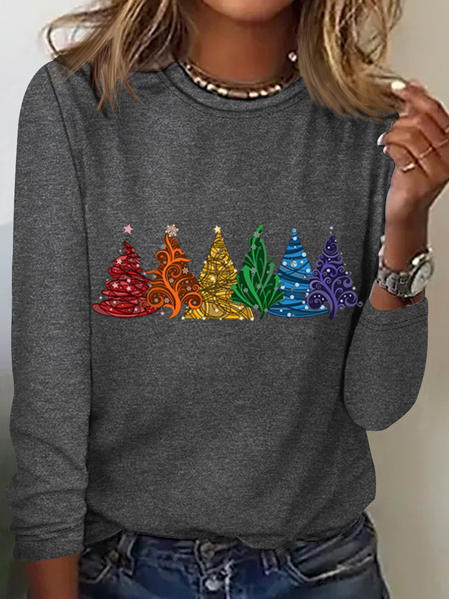 Chemises Femmes Décontracté Printemps / Automne Sapin de Noël Quotidien Coupe Régulière Manches Longues Col Rond en Mélangé de Coton Régulier