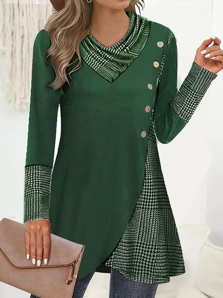 Chemisiers1 Femmes Décontracté Printemps / Automne Plaid Polyester Micro-élasticité Ample Manches Longues Mi-long Droit