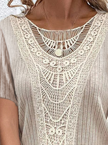 Chemisiers1 Décontracté Plain Été Polyester Quotidien Ample Dentelle Manches Courtes T.-N.-L. pour Femmes
