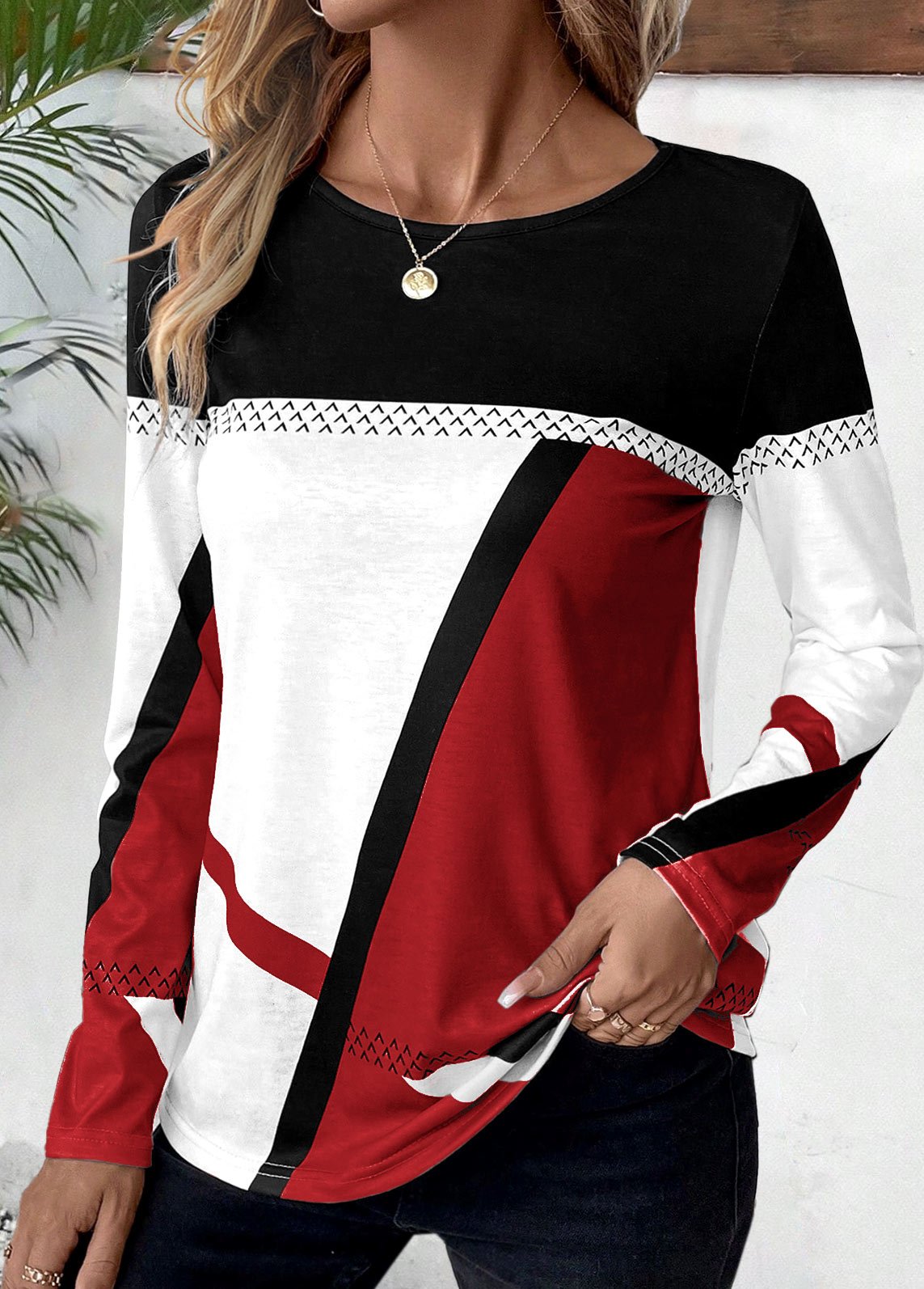 T-shirts Femmes Décontracté Bloc de Couleur Printemps / Automne Ample Jersey Manches Longues Col Rond Droit Régulier