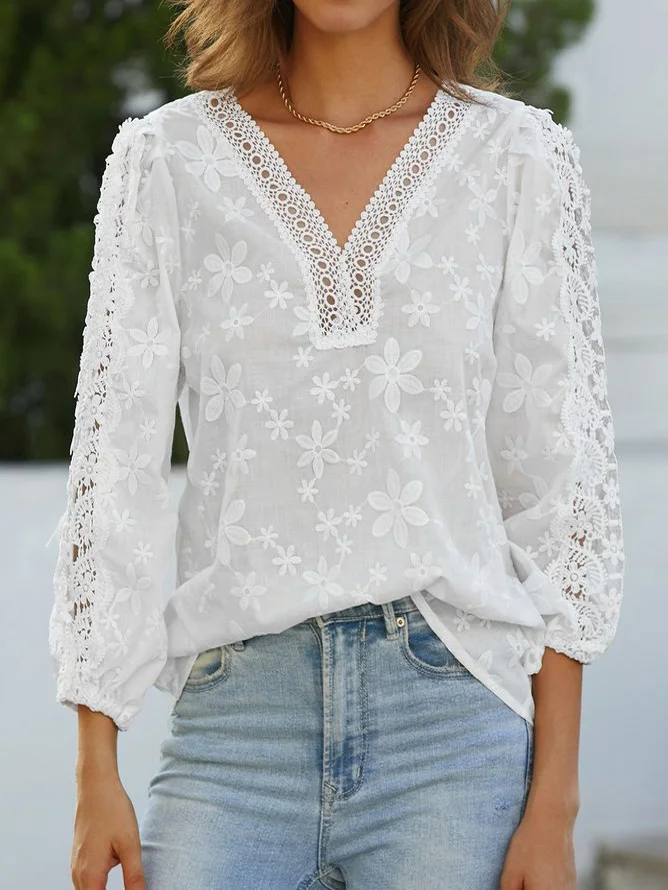 Chemises Femmes Plain Printemps / Automne en Lin Col V Ample Manches 3/4 Droit Régulier T.-N.-L.