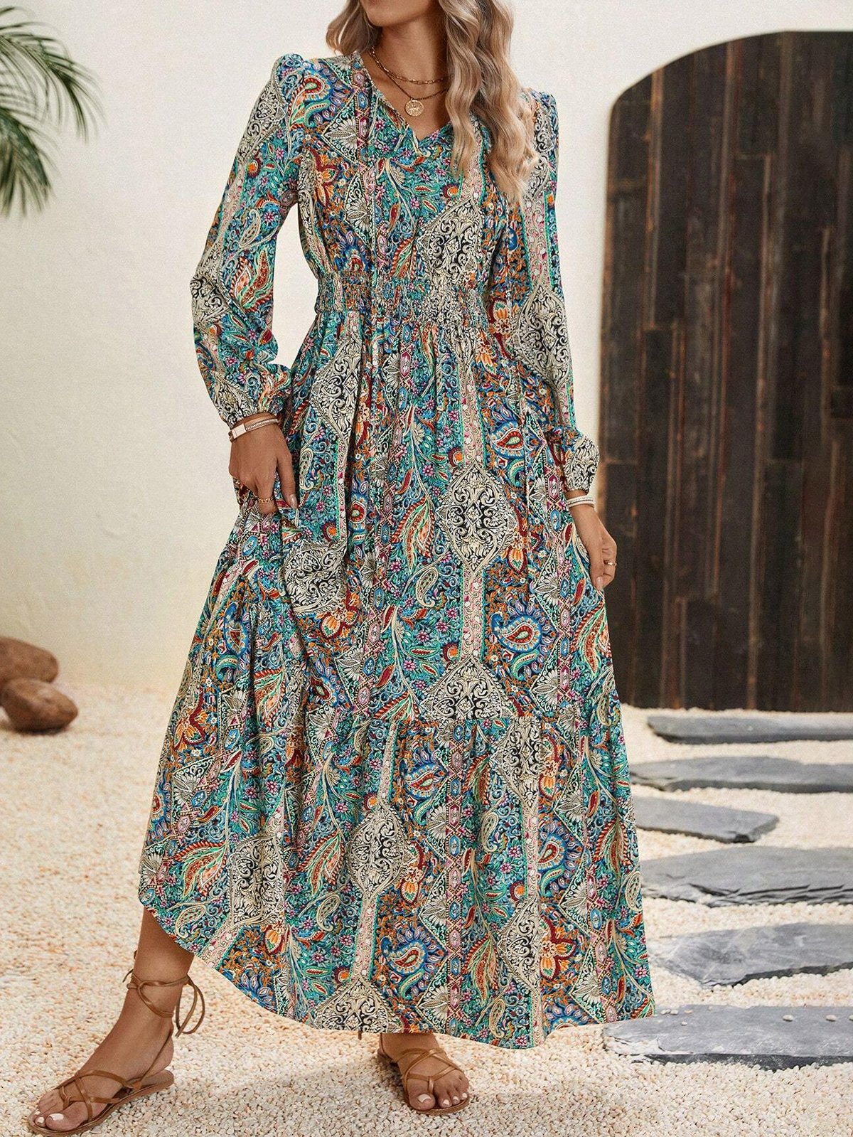 Femmes Ethnique Multicolore Entaillé Confortable Robe Maxi Boho | fr ...