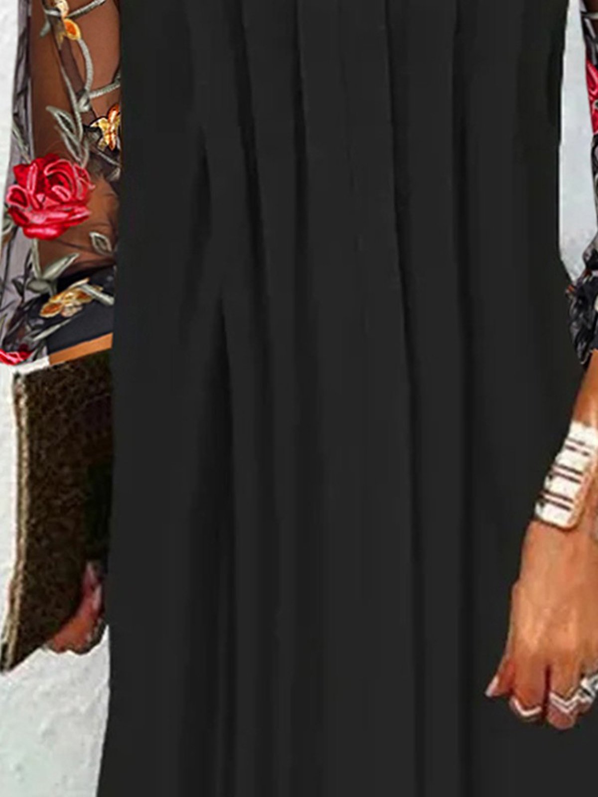Femmes Floral Noir Col V Confortable Maille Court Robe Décontracté