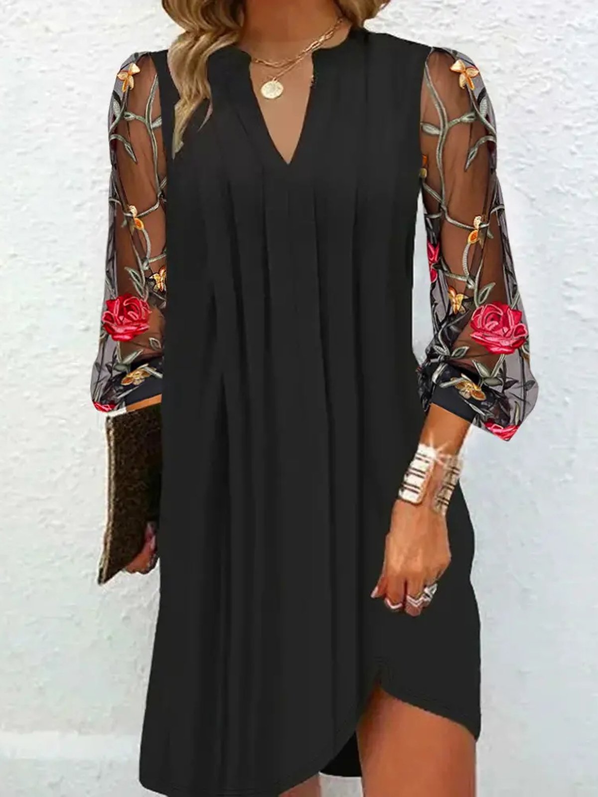 Femmes Floral Noir Col V Confortable Maille Court Robe Décontracté