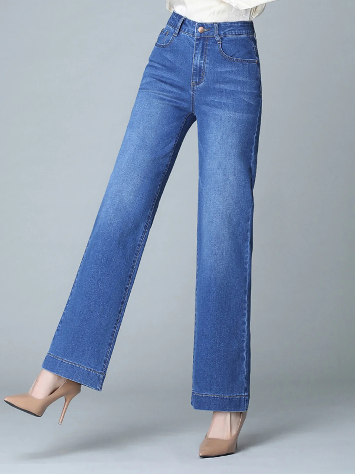 Jeans Décontracté Plain Printemps / Automne Naturel Pantalons à Jambe Large Toile de Jean Long Droit Régulier pour Femmes