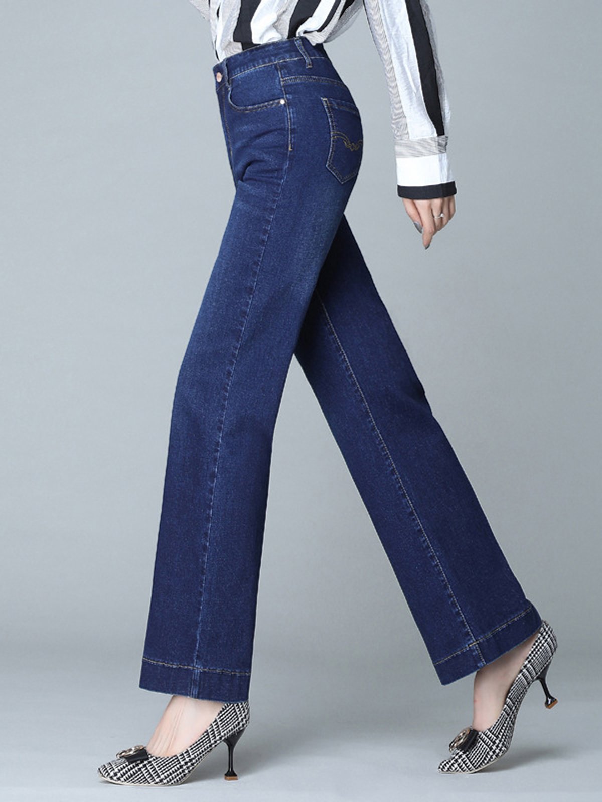 Jeans Décontracté Plain Printemps / Automne Naturel Pantalons à Jambe Large Toile de Jean Long Droit Régulier pour Femmes