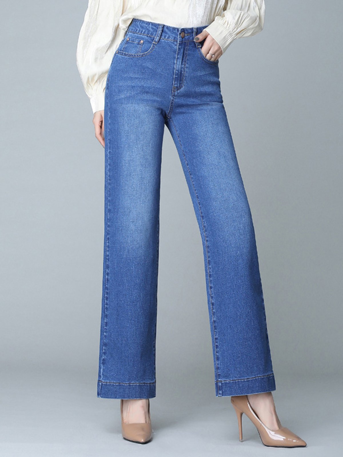 Jeans Décontracté Plain Printemps / Automne Naturel Pantalons à Jambe Large Toile de Jean Long Droit Régulier pour Femmes