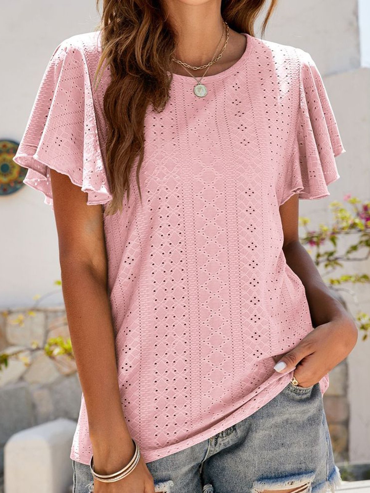 Chemises Décontracté Plain Été Polyester Micro-élasticité Quotidien Ample Manches Courtes Col Rond pour Femmes