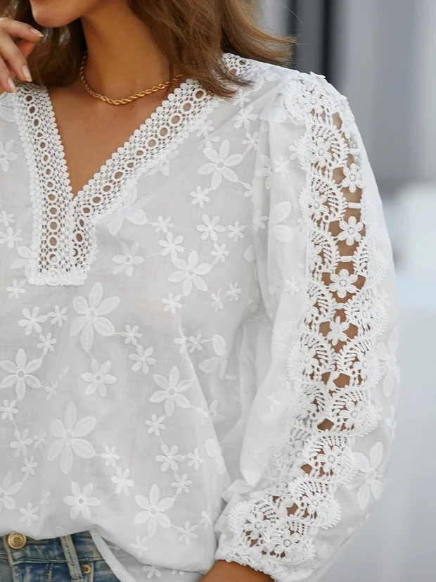 Chemises Femmes Plain Printemps / Automne en Lin Col V Ample Manches 3/4 Droit Régulier T.-N.-L.