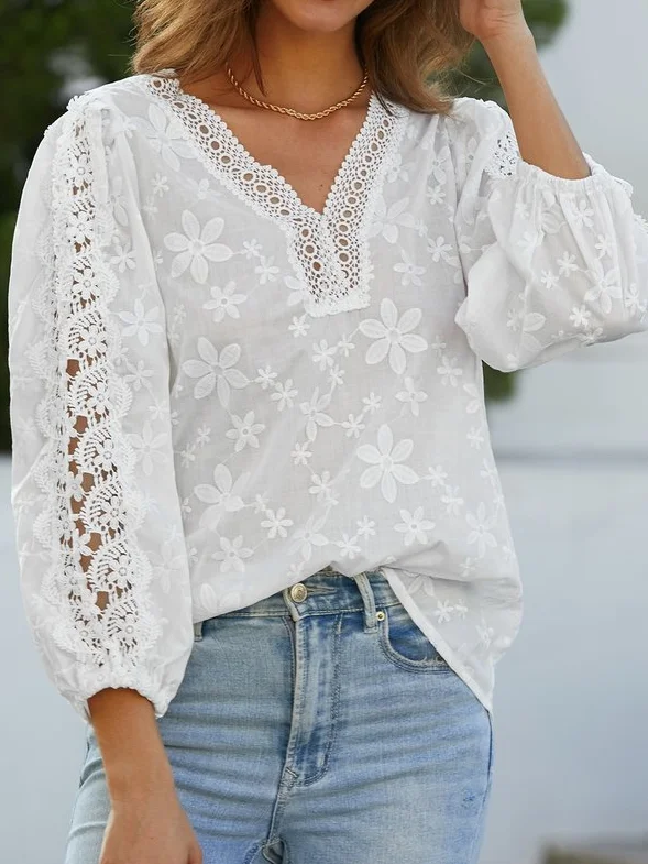 Chemises Femmes Plain Printemps / Automne en Lin Col V Ample Manches 3/4 Droit Régulier T.-N.-L.