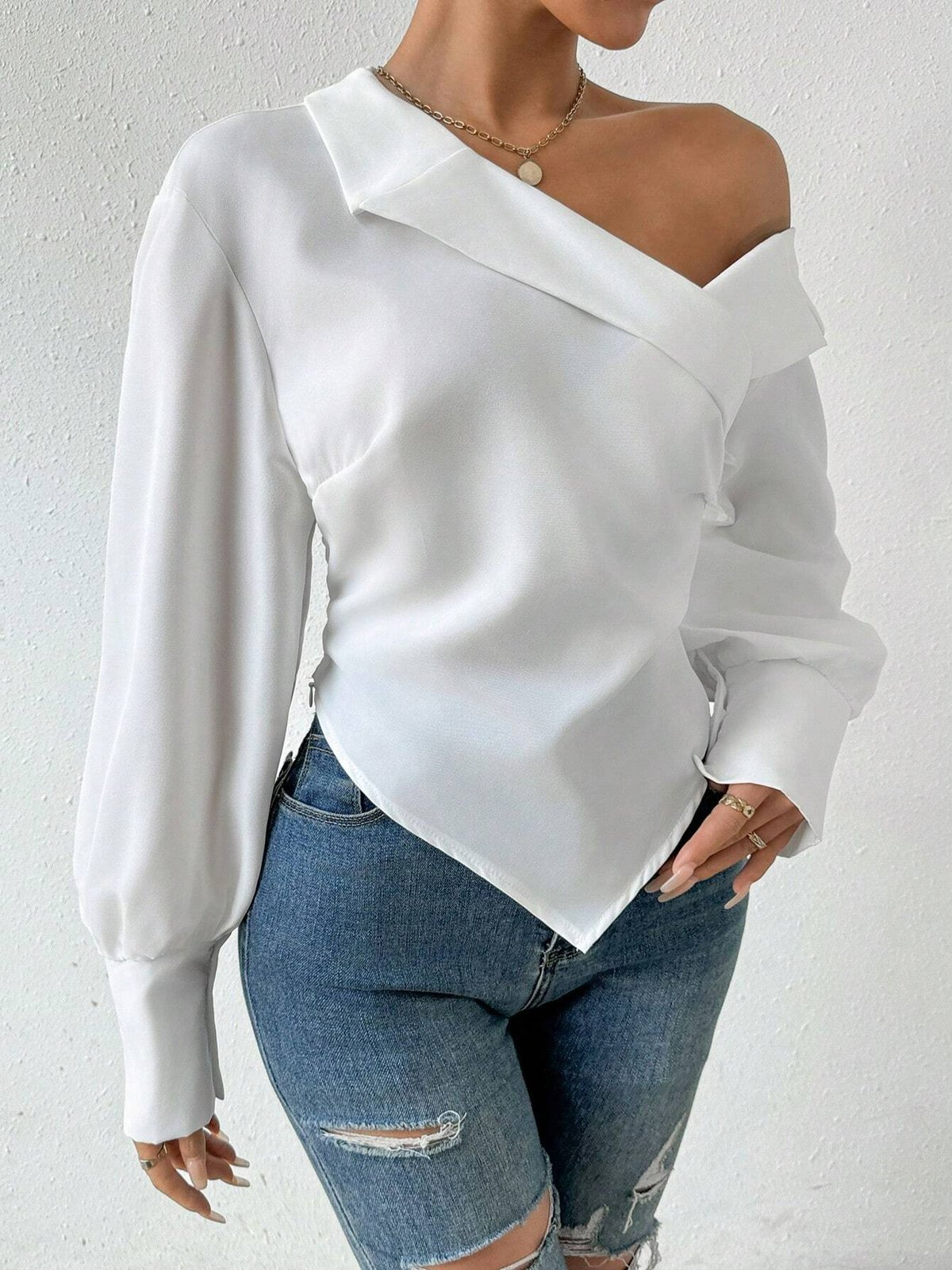 Chemises Décontracté Plain Printemps / Automne Une Épaule Dénudée Quotidien Ample Manches Longues Régulier Droit pour Femmes