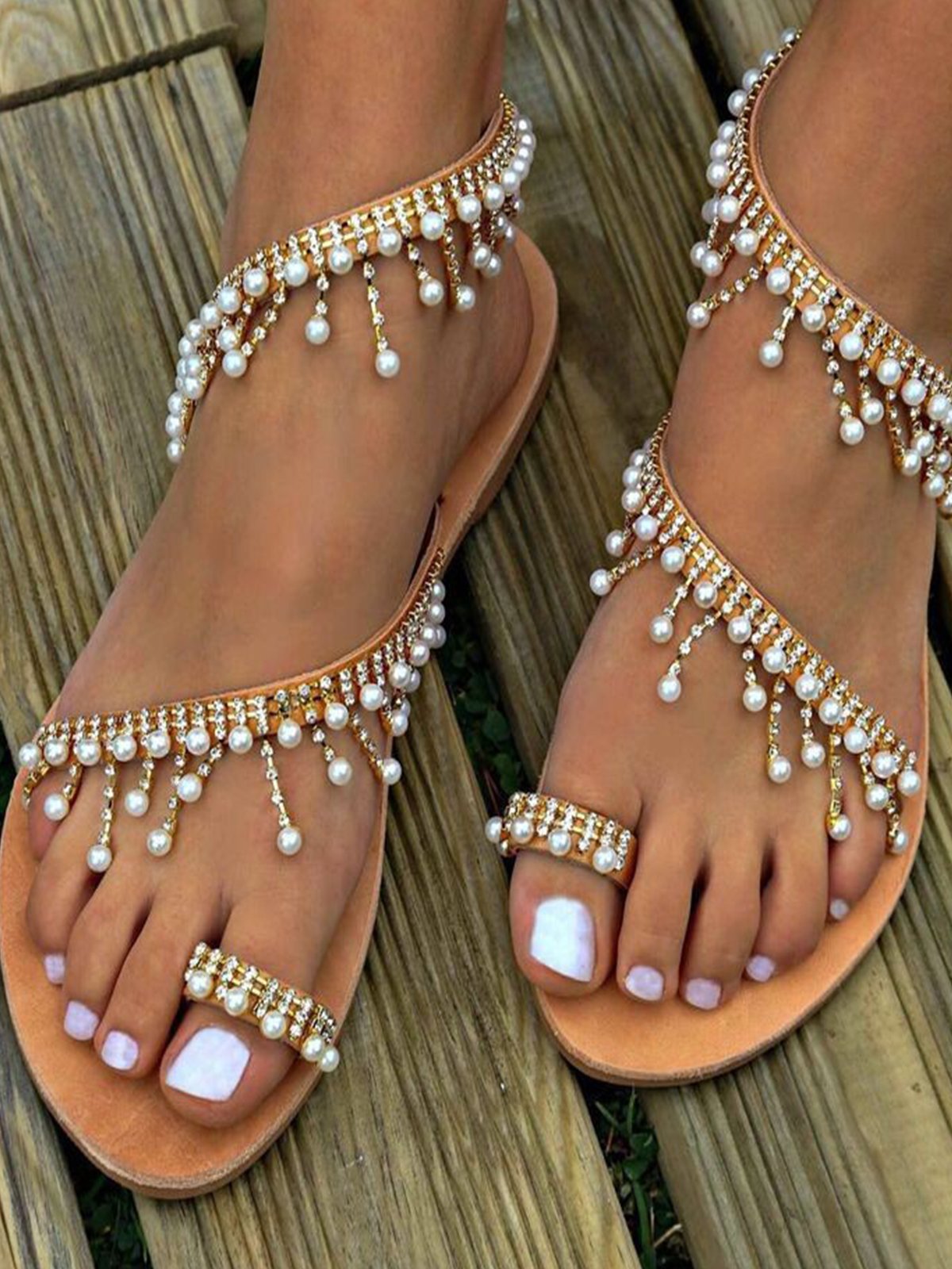 Sandales Antidérapantes Boho Plain Été à Talon Plat Bout Rond PU Sandales Tongs Caoutchouc à Enfiler pour Femmes