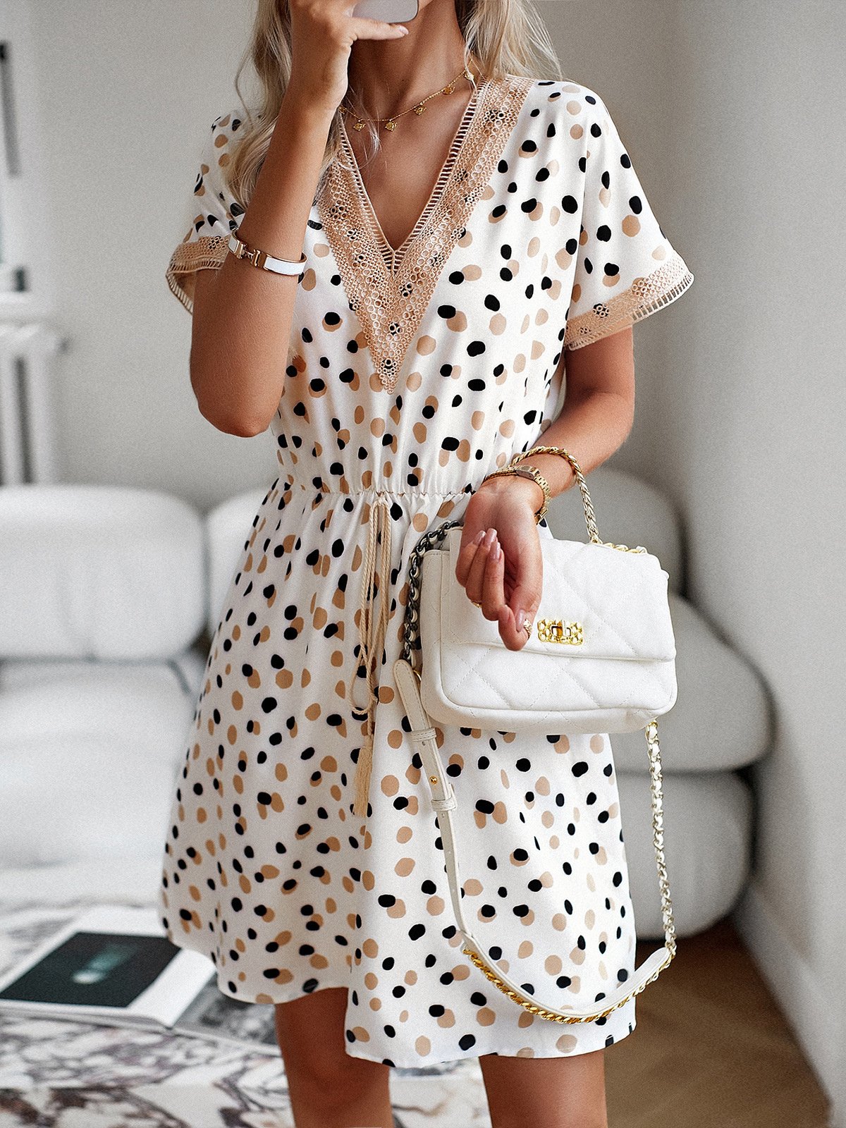 Femmes Pois Polka Blanc Col V Confortable Dentelle Court Robe Décontracté