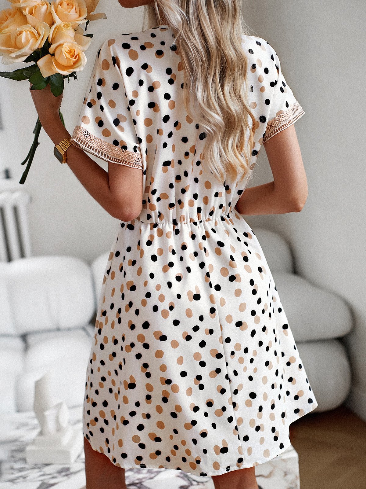 Femmes Pois Polka Blanc Col V Confortable Dentelle Court Robe Décontracté