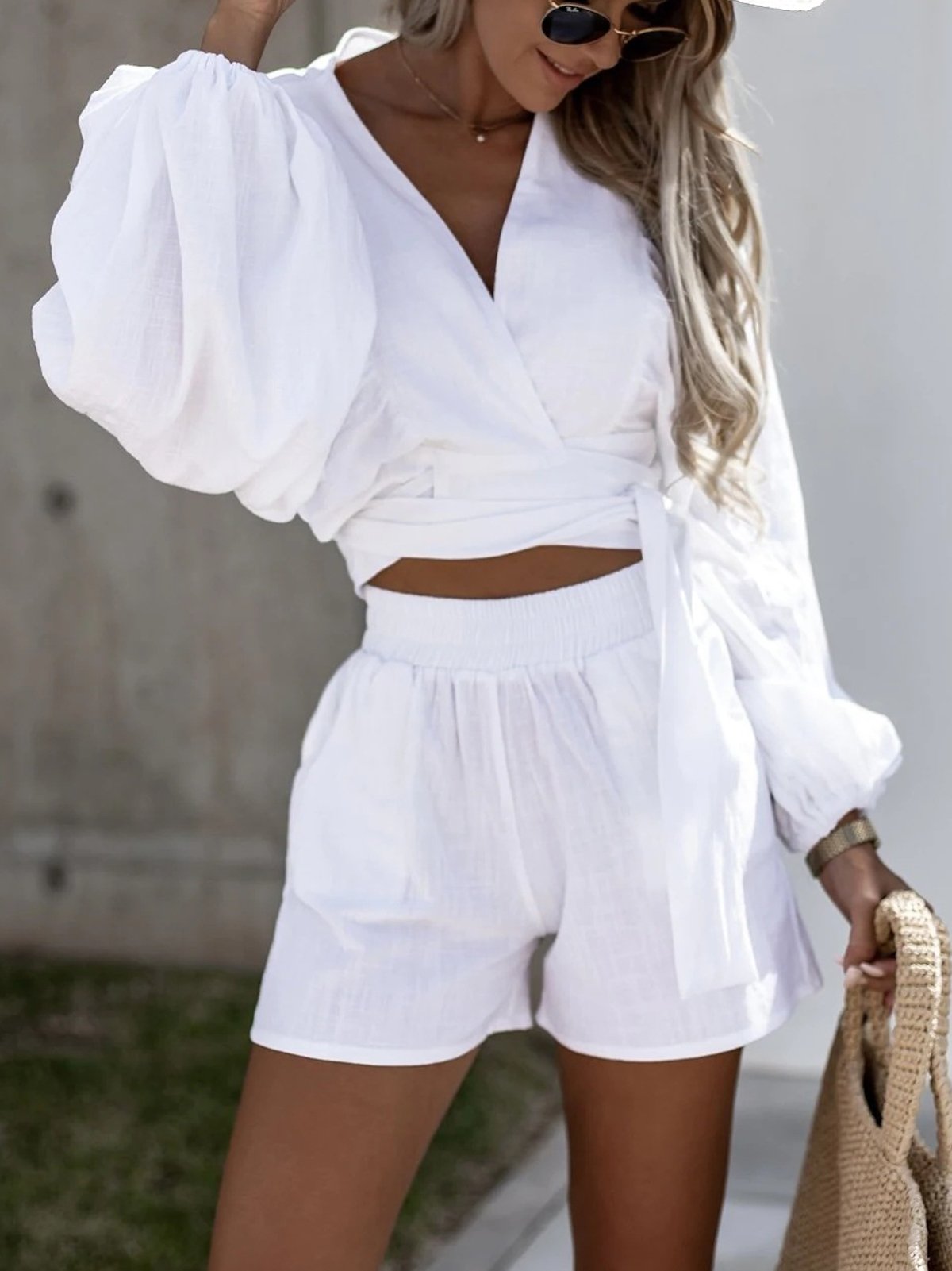 Deux Pièces Ensembles Femmes Décontracté Plain Été Col V Naturel Ample Manches Courtes Top Avec Pantalons Droit